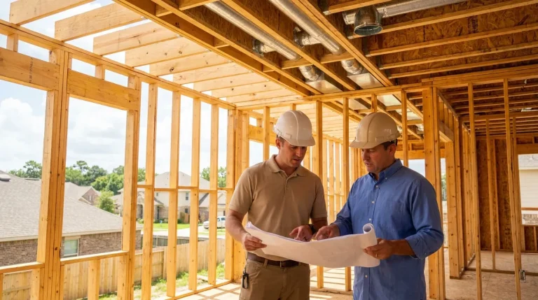 New construction Houston home in the framing stage with HVAC ductwork rough-in visible and a technician reviewing plans