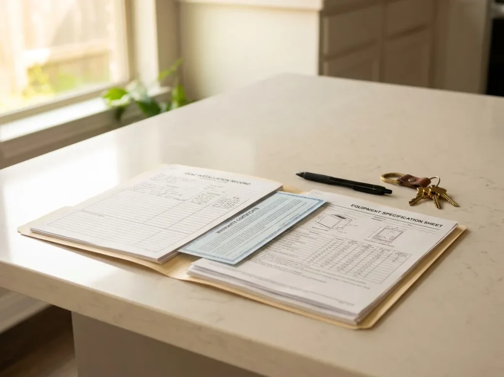 Home sale folder with HVAC installation records, warranty paperwork, and equipment specifications on a kitchen counter
