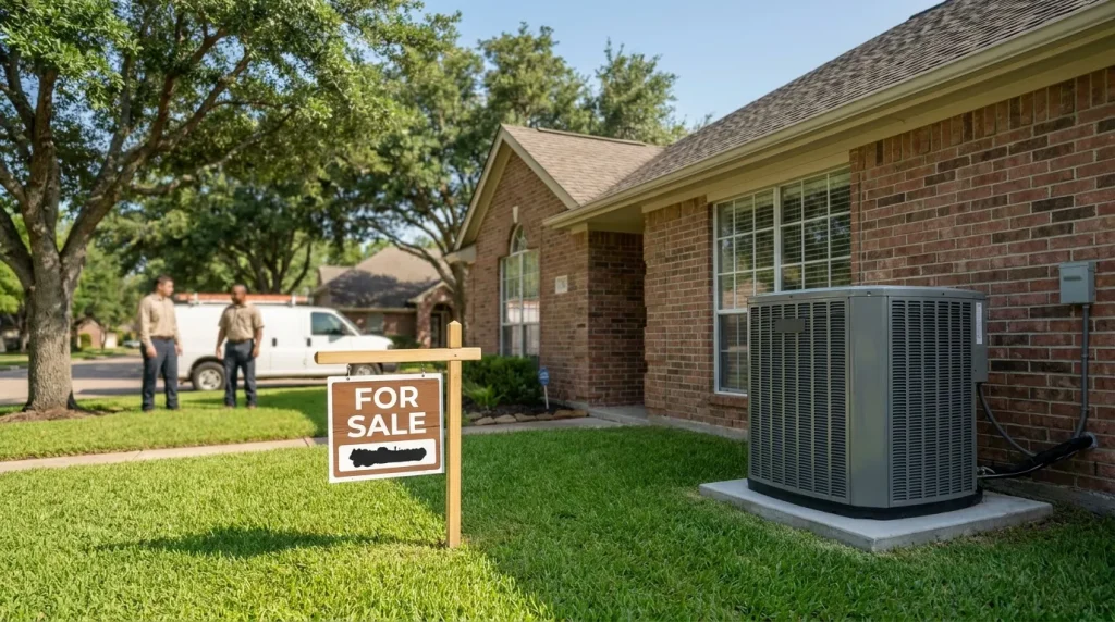 Attractive Houston home for sale with a well-maintained outdoor HVAC unit and a real estate sign in the front yard