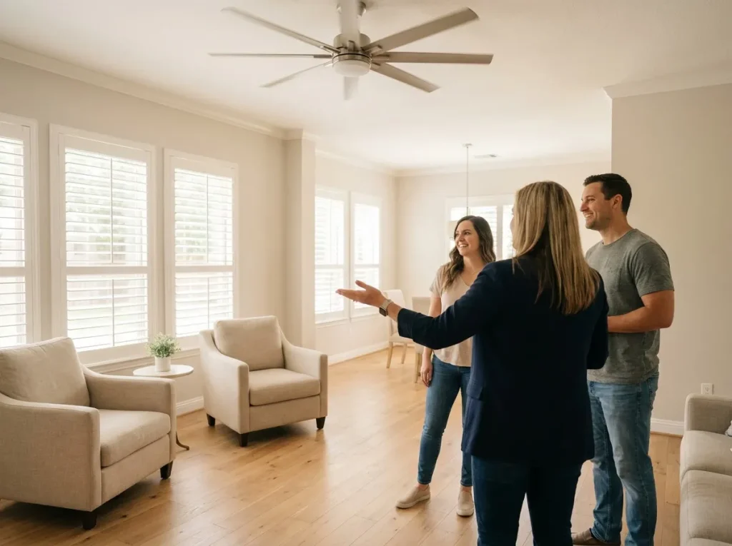 Prospective buyers touring a comfortable, evenly cooled Houston living room during a summer home showing