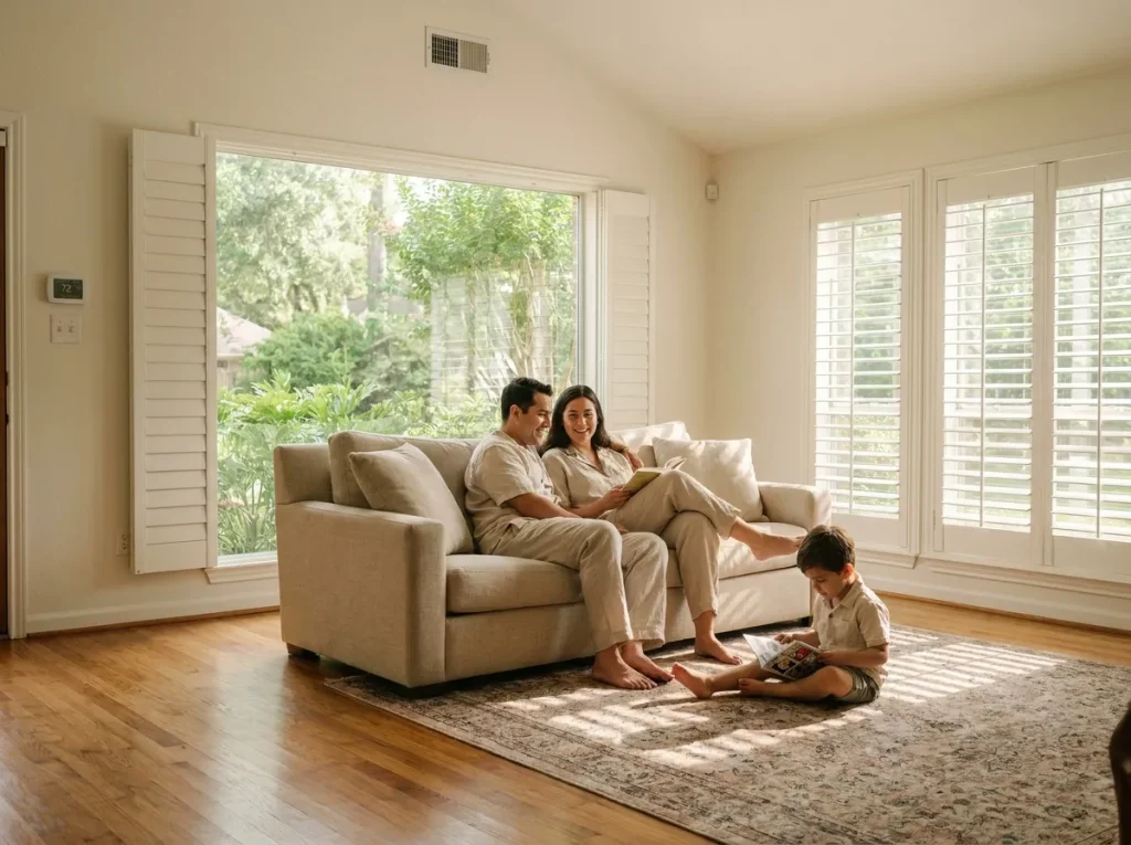 Comfortable Houston family relaxing at home cooled by a new efficient AC system on a hot summer day