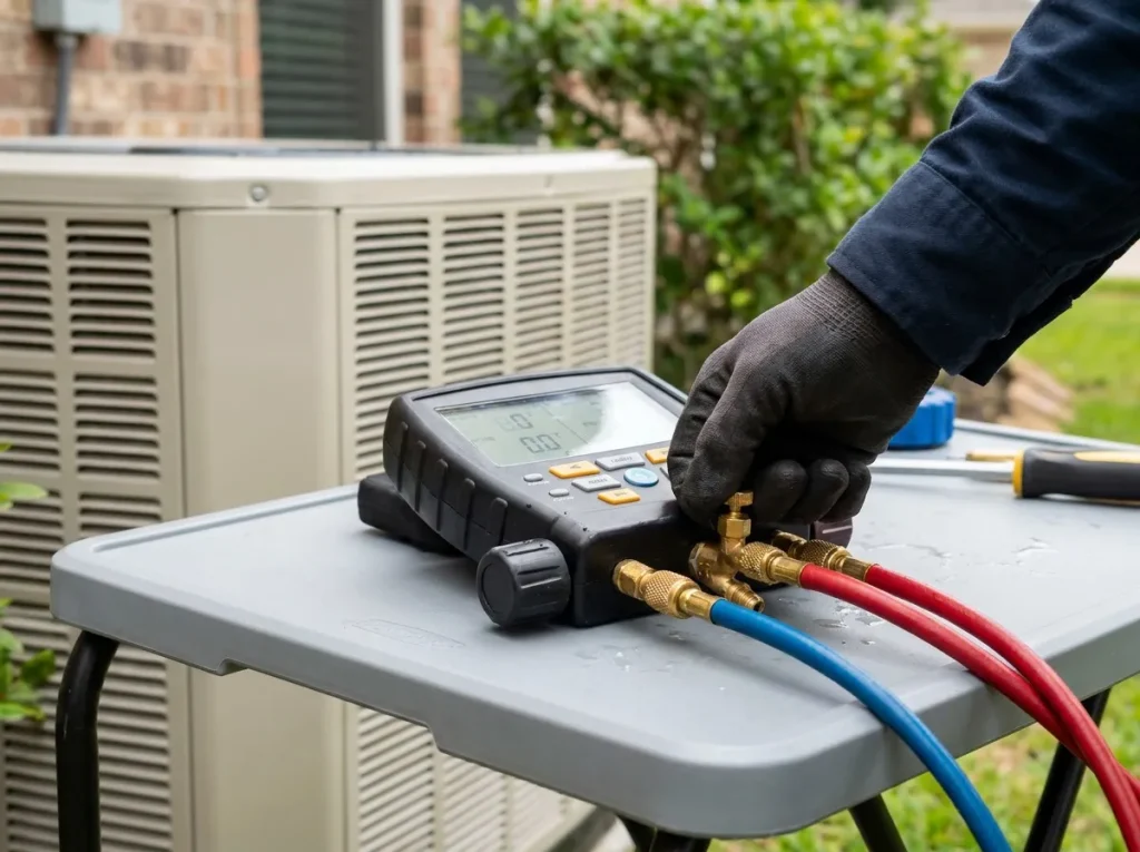 Close-up of HVAC refrigerant service gauges and tools set up for charging a new A2L refrigerant system