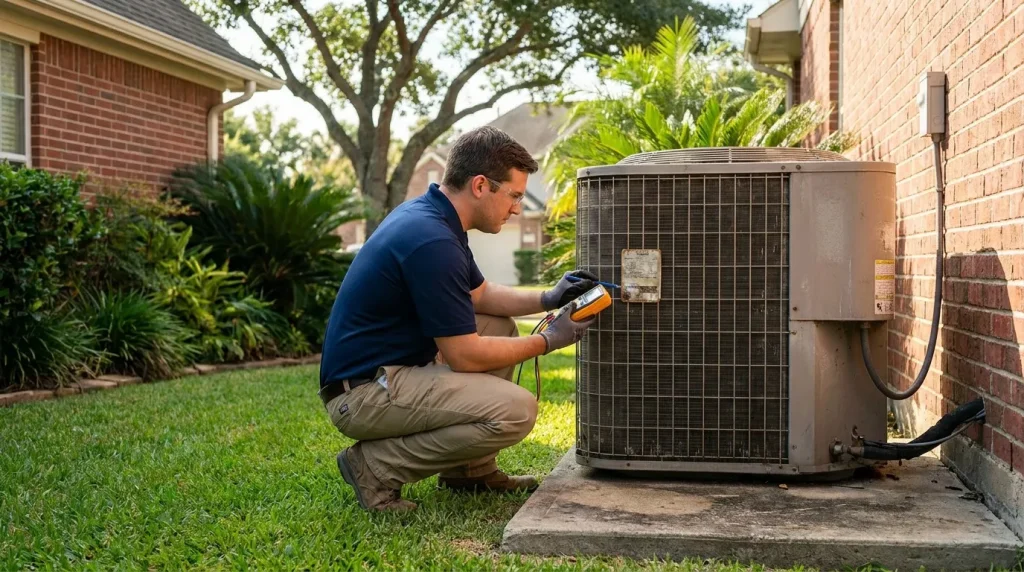 VeriChill technician checking the refrigerant label on a new outdoor AC condenser at a Houston home in 2026