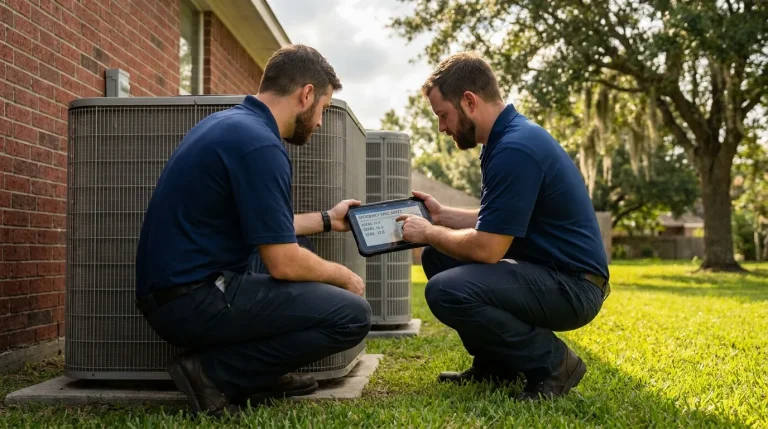 VeriChill technician reviewing an AHRI efficiency certificate on a tablet beside a modern outdoor AC condenser at a Houston home
