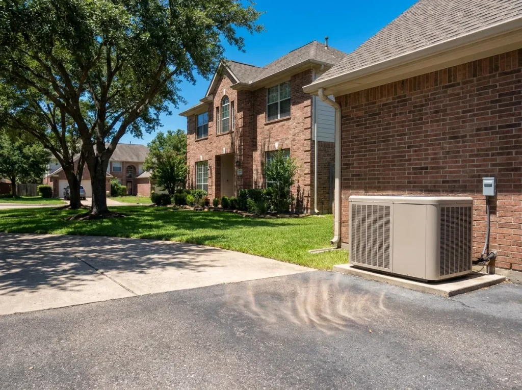 Houston home exterior on a bright hot summer afternoon with a well-maintained outdoor AC unit running efficiently