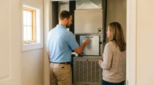VeriChill technician explaining dual fuel heating options to a Houston homeowner at an air handler