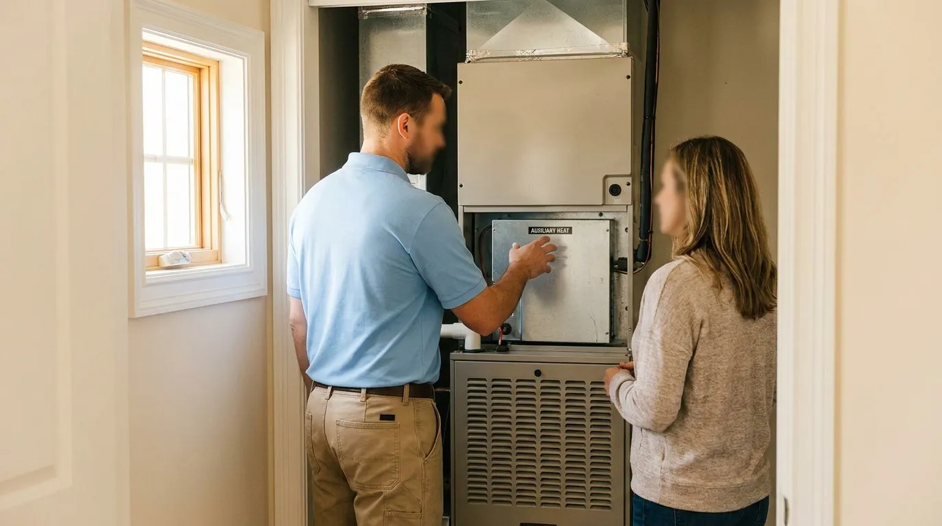 VeriChill technician explaining dual fuel heating options to a Houston homeowner at an air handler