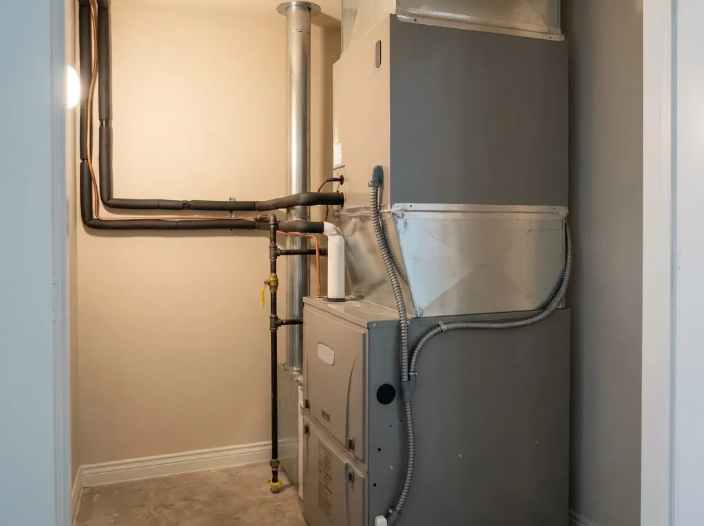 Gas furnace and heat pump air handler installed together as a dual fuel pairing in a Houston home