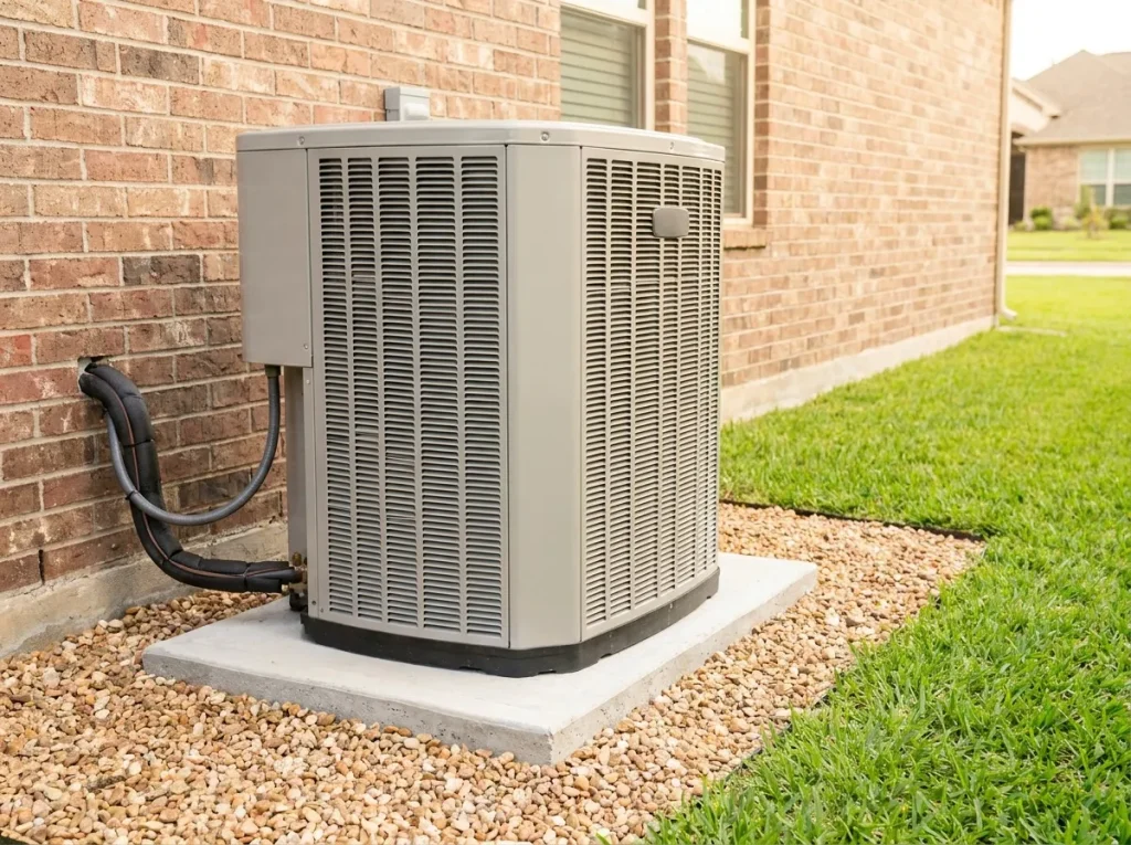 Newly installed high-efficiency outdoor condenser unit on a clean pad at a Houston home