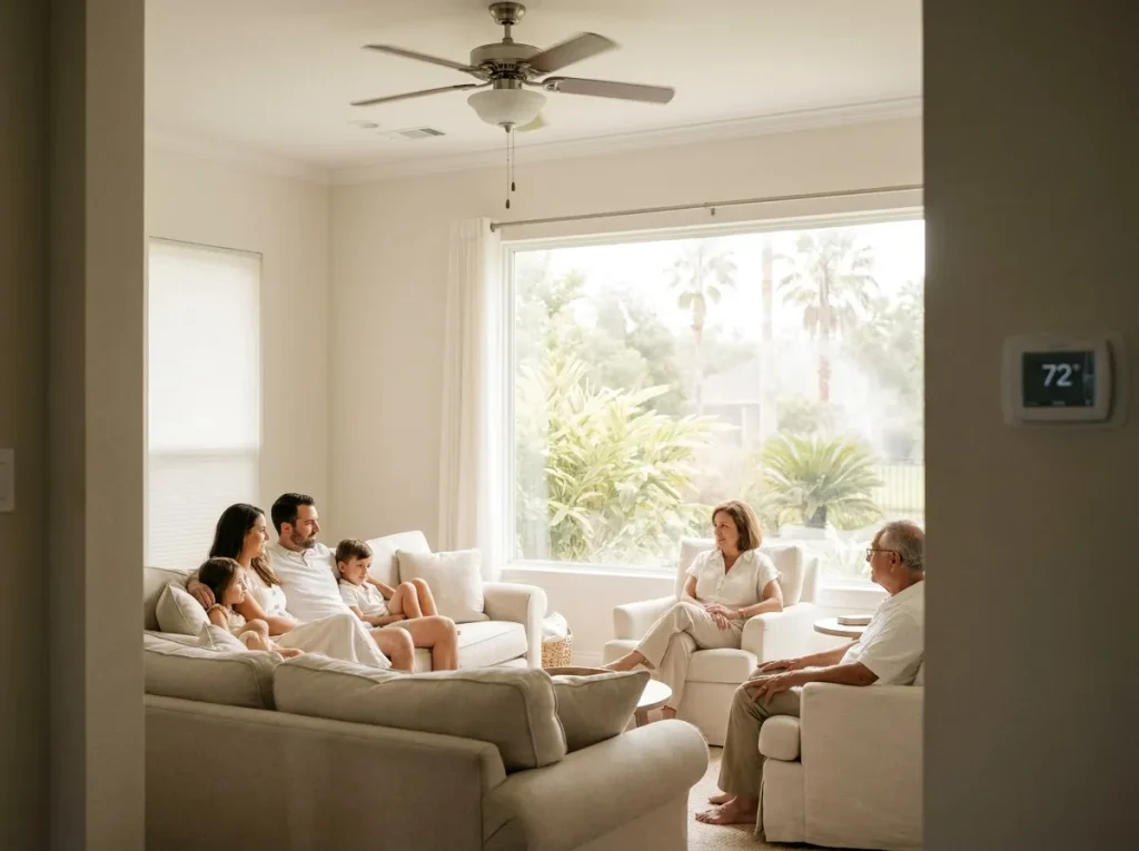 Houston family comfortable indoors with dry, evenly cooled air from a well-matched HVAC system