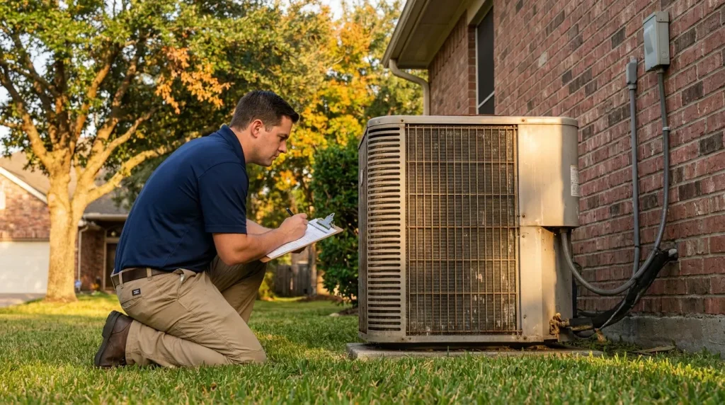 VeriChill technician evaluating an outdoor AC condenser at a Houston home in early fall