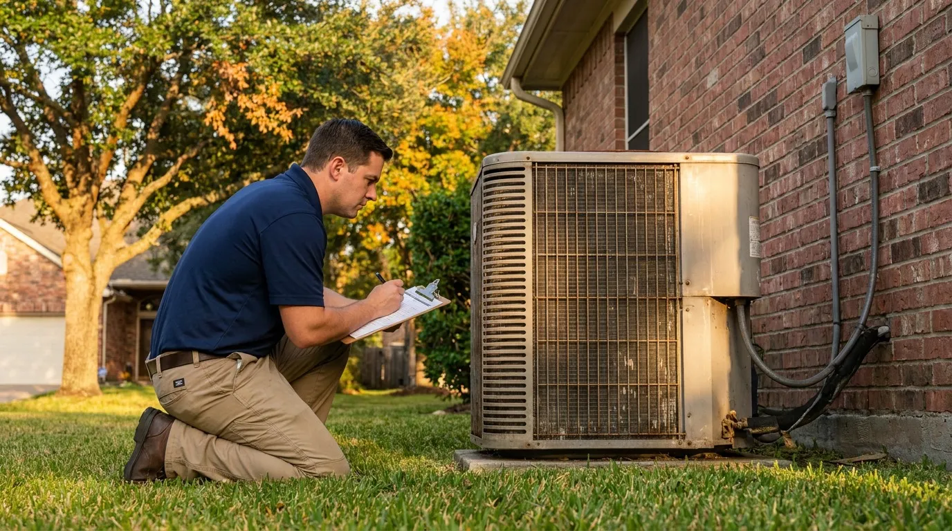 VeriChill technician evaluating an outdoor AC condenser at a Houston home in early fall