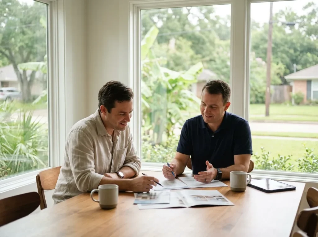 Houston homeowner reviewing HVAC planning options with a VeriChill consultant at a kitchen table