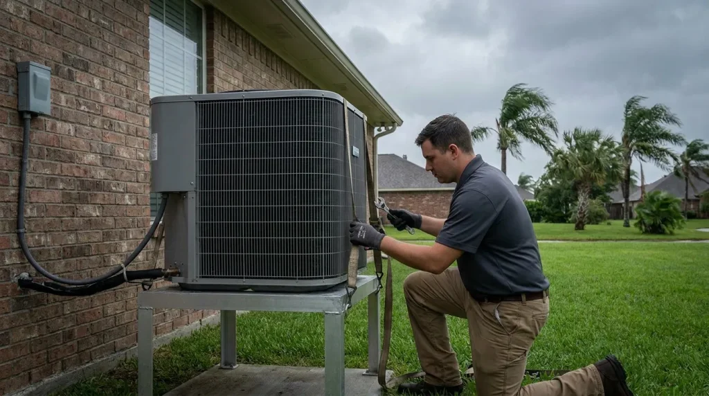 Elevated outdoor HVAC condenser unit on a raised platform at a Houston home before storm season