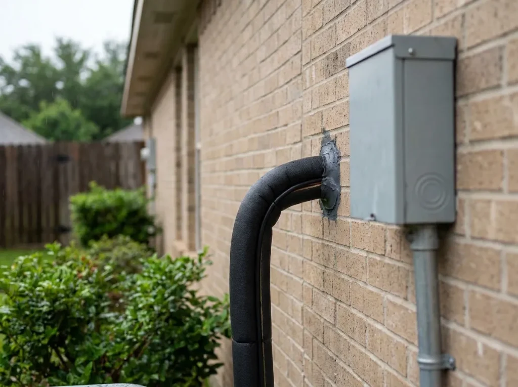 Insulated refrigerant lines and exterior electrical disconnect at a Houston home before a storm