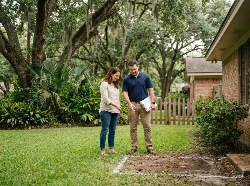 VeriChill consultant and Houston homeowner discussing outdoor unit placement in a backyard