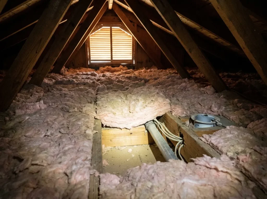 Uneven attic insulation with a gap around a ceiling penetration in a Houston home