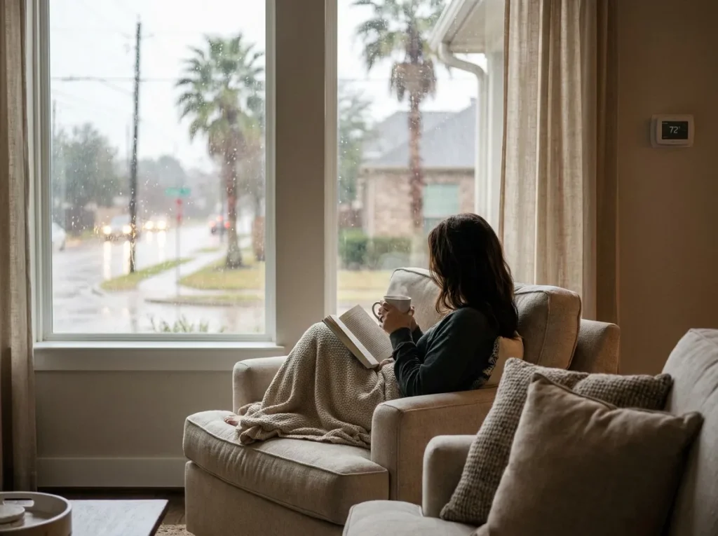 Houston homeowner comfortable in an evenly warm room during a cold front