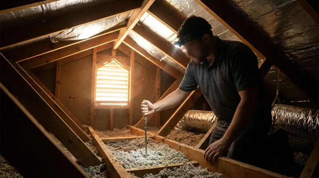 VeriChill technician inspecting attic insulation and ductwork in a Houston home