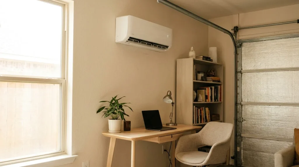Wall-mounted ductless mini-split unit conditioning a converted garage office in a Houston home