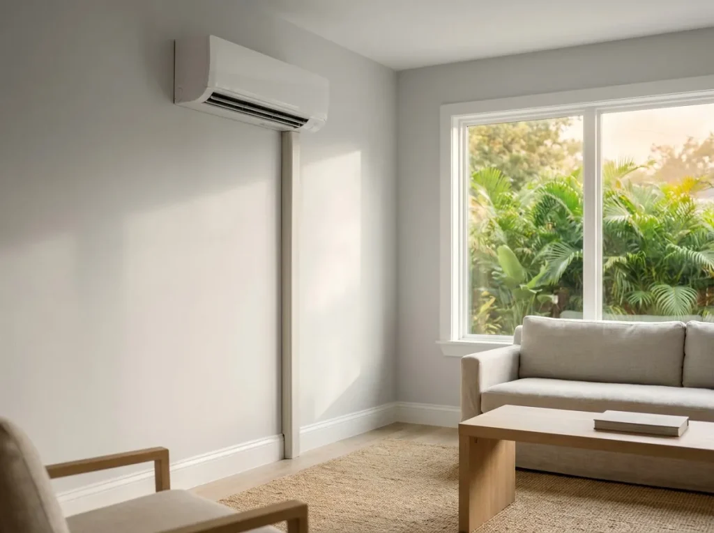 Ductless mini-split head mounted high on the wall of a bright Houston room addition