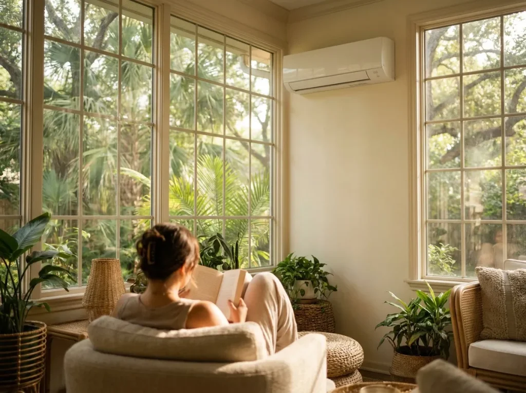 Comfortable Houston sunroom conditioned by a ductless mini-split on a bright afternoon