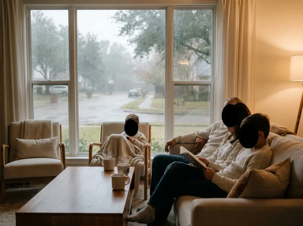 Houston family comfortable indoors during an early cold front with heating running reliably