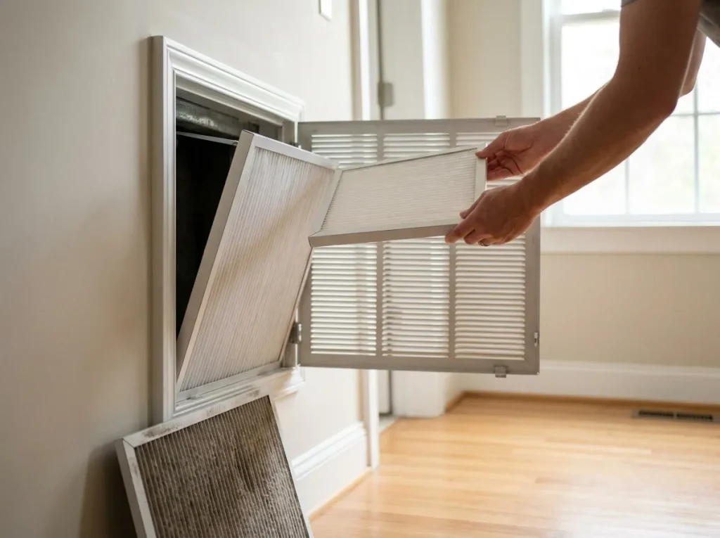 Homeowner sliding a fresh pleated air filter into a return grille before winter in Houston