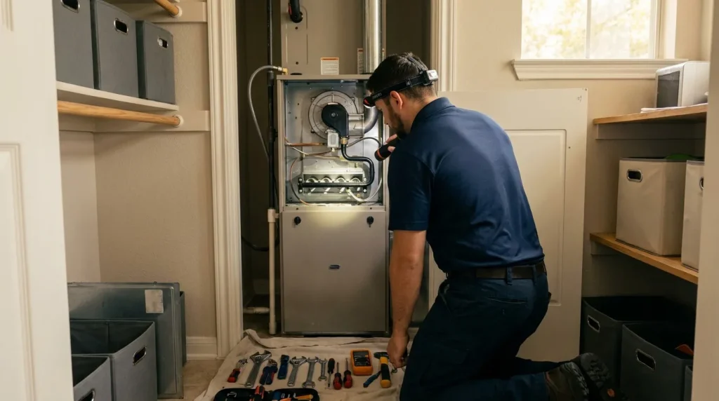 VeriChill technician inspecting a residential gas furnace in a Houston home before winter