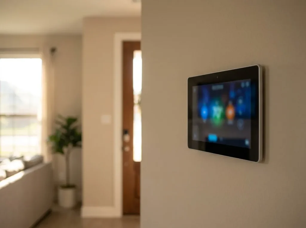 Wall-mounted smart HVAC control and diagnostics display in the hallway of a Houston home