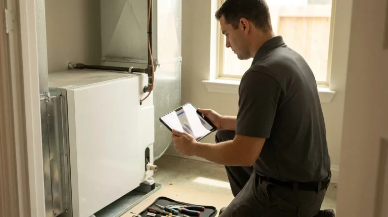 VeriChill technician reviewing HVAC system diagnostic data on a tablet at a Houston home