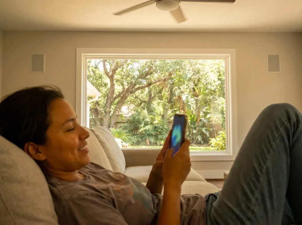 Houston homeowner checking HVAC system status on a phone in a comfortable living room